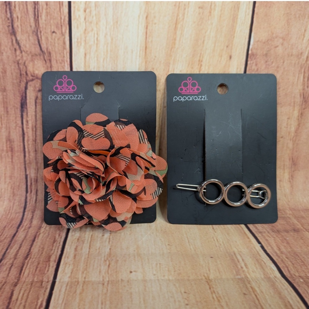 Paparazzi Orange Floral Fabric Hair Clip & Silver Circle Barrette Lot of 2